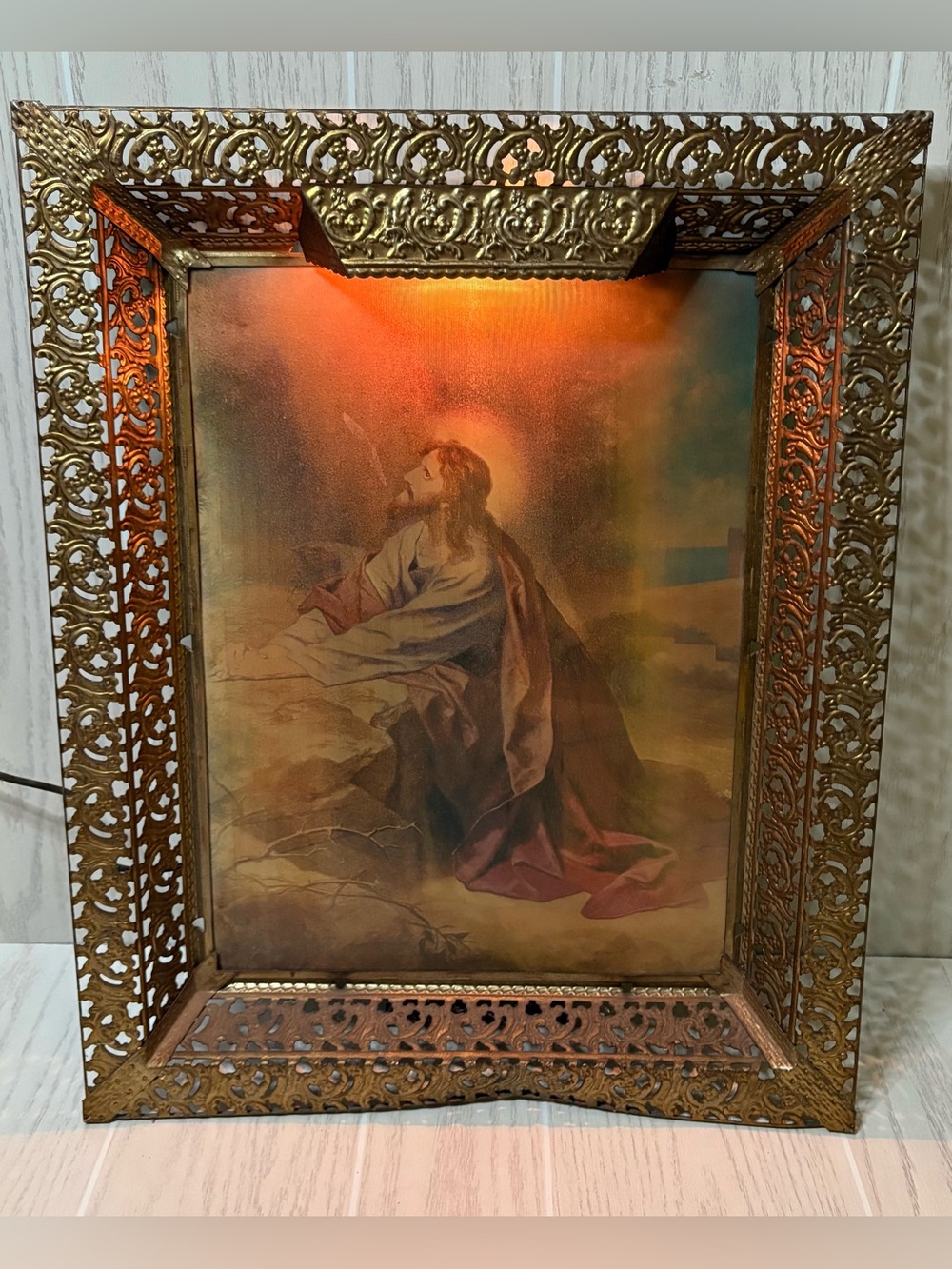 Vintage Antique Lighted 3D Hologram Jesus Lenticular Framed Metal Tested
